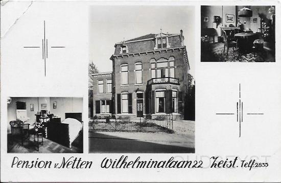 Website foto's 20150029.jpg - Pension van Netten, Wilhelminalaan 22. Gebouwd in 1905. Voor dat het een Pension werd deed dit huis dienst als dokterswoning met naast gelegen dokterspraktijk. Hier was gevestigd Geneesheer Dr. S. Heeg (1905-1935)., in 1909 tot 1936 had de villa de bijnaam Florissant en in 1910 kwam er ook in dit huis een telefoonaansluiting, het eerste huis-telefoonnummer was: 58 als je spoed een dokter nodig had was dit wel belangrijk. Op 10 februari 1925 wordt de heer Dr. S. Heeg eervol ontslagen op verzoek als lid en voorzitter der gezondheidscommissie gezeteld te Zeist. Dan staat het huis 1 jaar leeg in 1936 en in 1937 komt hier de arts B. Schut wonen ook voor 1 jaar en neemt de dokterspraktijk tijdelijk over. Dan wordt het huis verkocht aan de heer G. van Netten, Pensionhouder die hier een pension begint, ook het telefoonnummer veranderd in 2835. (1938-1963)., In de oorlog veranderd de naam Wilhelminalaan naar Stadhouderlaan en in 1942 tot eind 40 woonde hier Mej. C.W.H. van Netten. Opname van 1938.